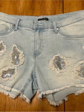 VENUS Light Blue Distressed Jean Shorts with Sequin Patches